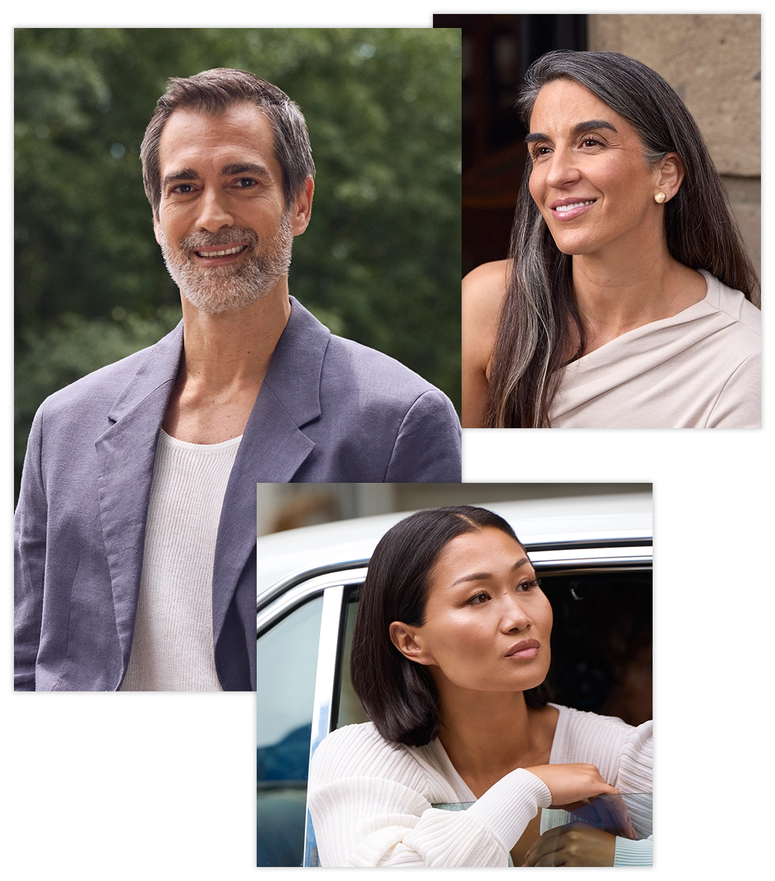 Diverse set of patients smiling and showing healthy-looking skin.