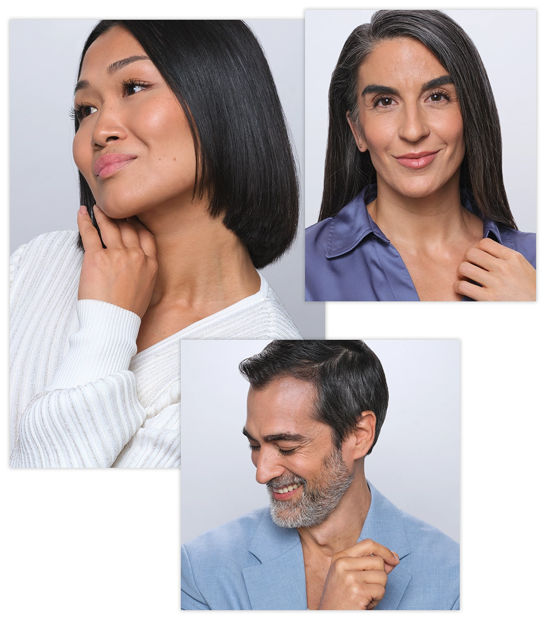 Diverse set of patients smiling and showing healthy-looking skin.
