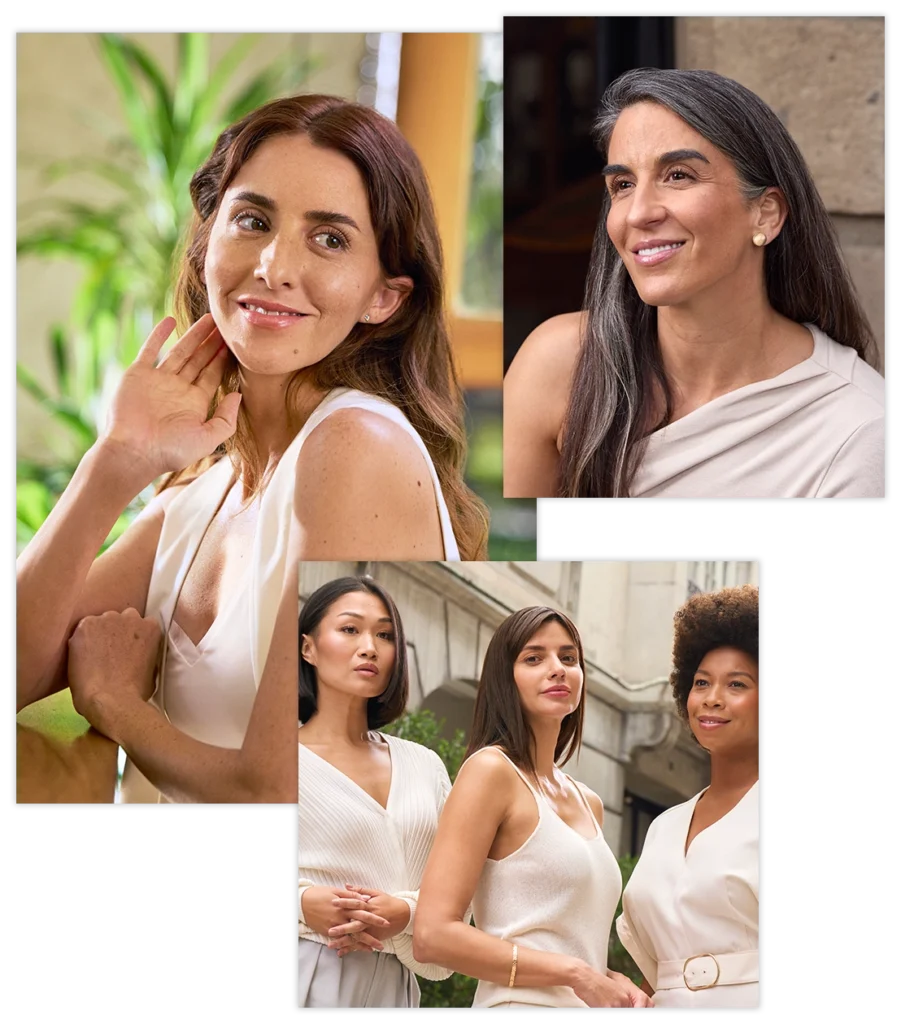 Diverse set of smiling women showing healthy-looking skin.