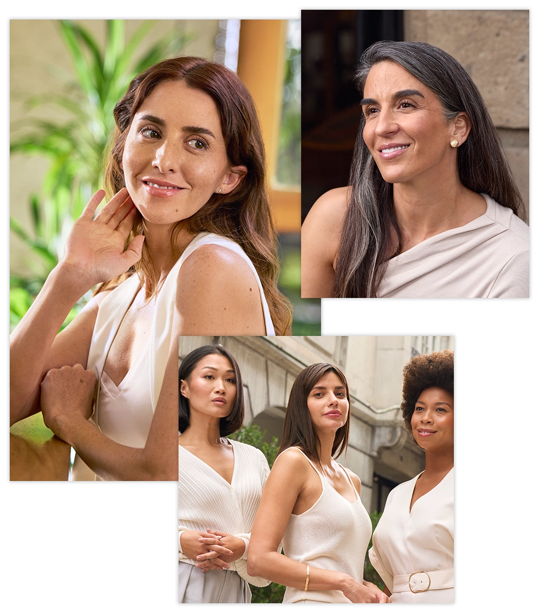 Diverse set of patients smiling and showing healthy-looking skin.