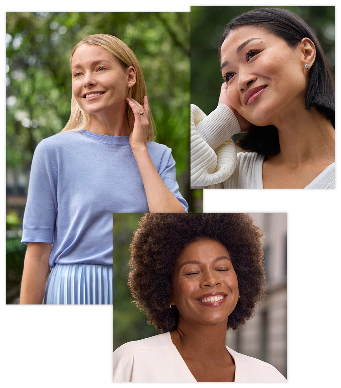 Diverse set of patients smiling and showing healthy-looking skin.