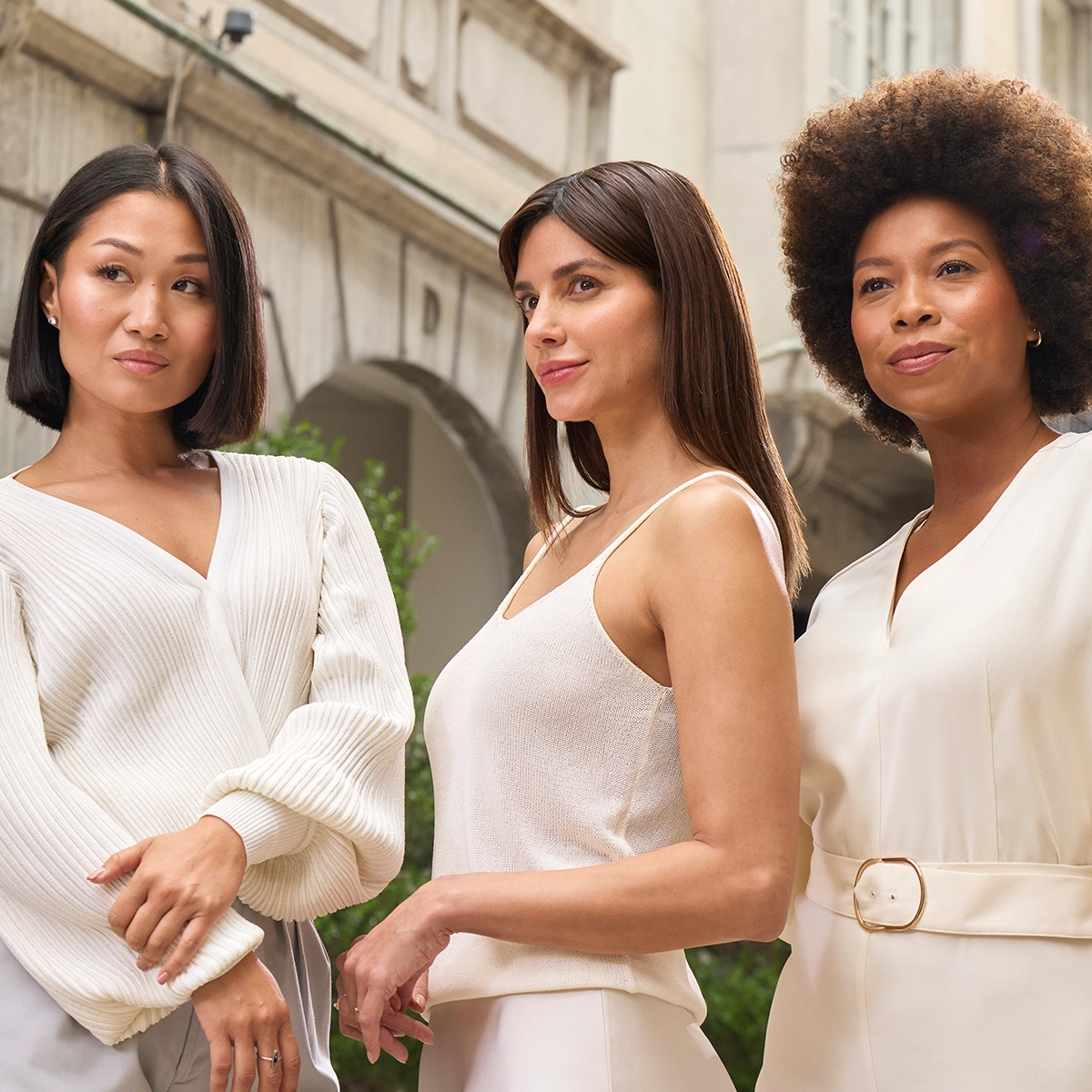 Three diverse women with firm, radiant skin illustrating anti-aging skin treatment results.