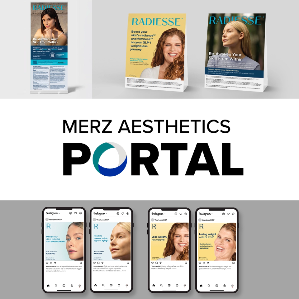 Multiple pieces like social media activation kits and banner stands, available at MERZ Aesthetics Portal.