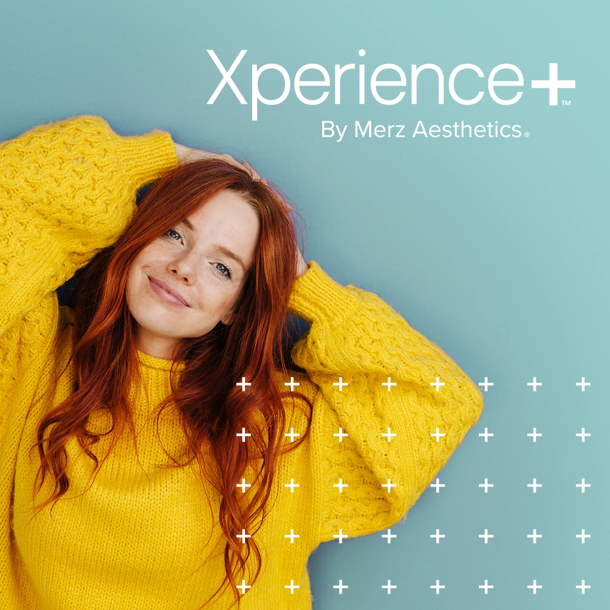 Xperience+ by Merz Aesthetics text with red-haired woman smiling.